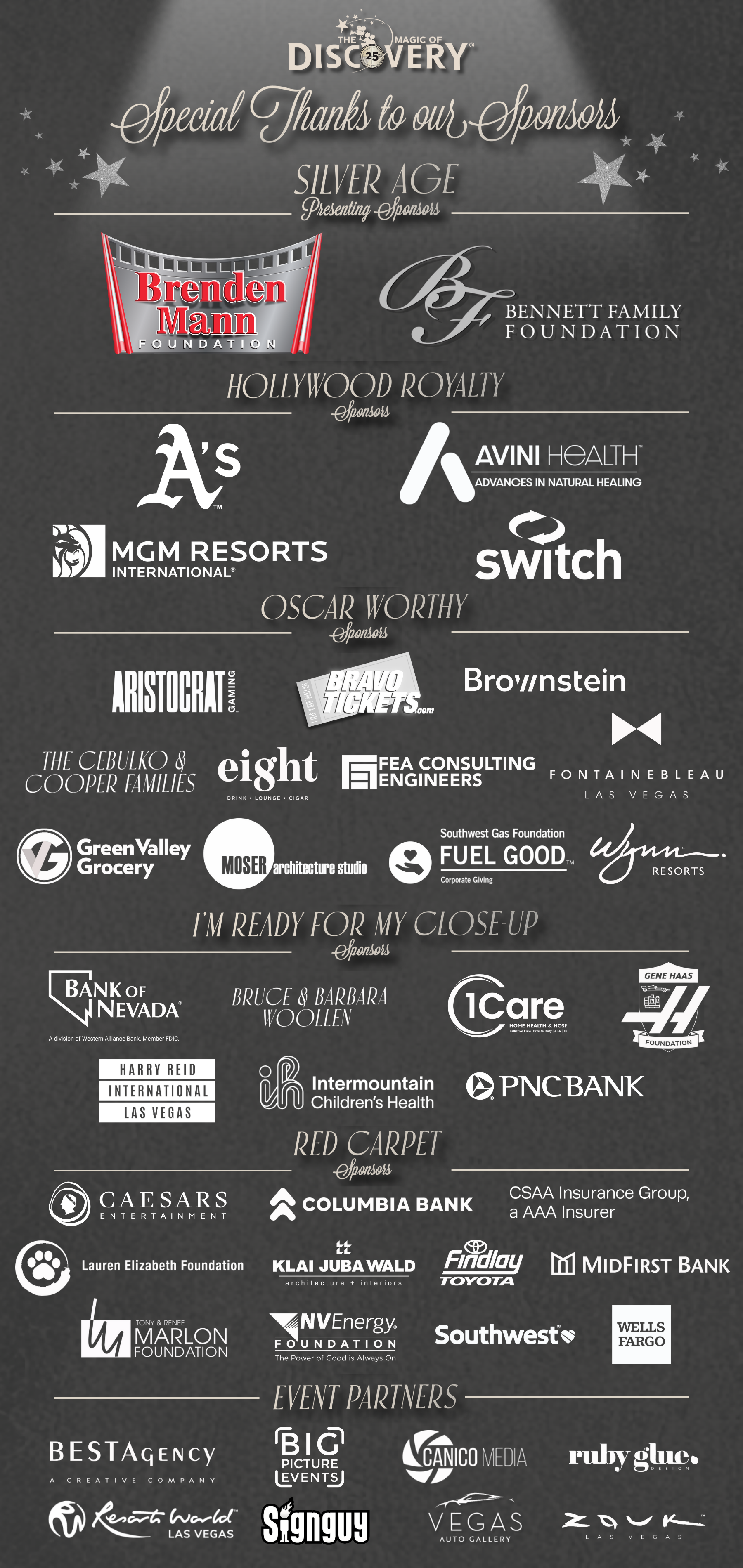 A vertical banner displaying sponsor logos and names for an event, organized by tiers such as Silver Age, Hollywood Royalty, and Oscar Worthy.
