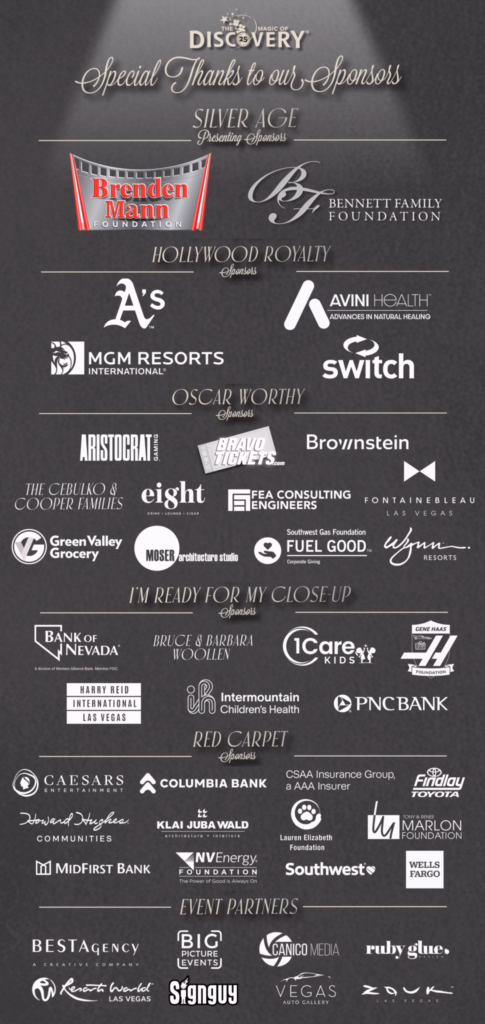 Magic of DISCOVERY 25th Anniversary Gala sponsor thank-you graphic featuring presenting sponsors Brenden Mann Foundation and Bennett Family Foundation, along with logos of supporting sponsors and event partners.