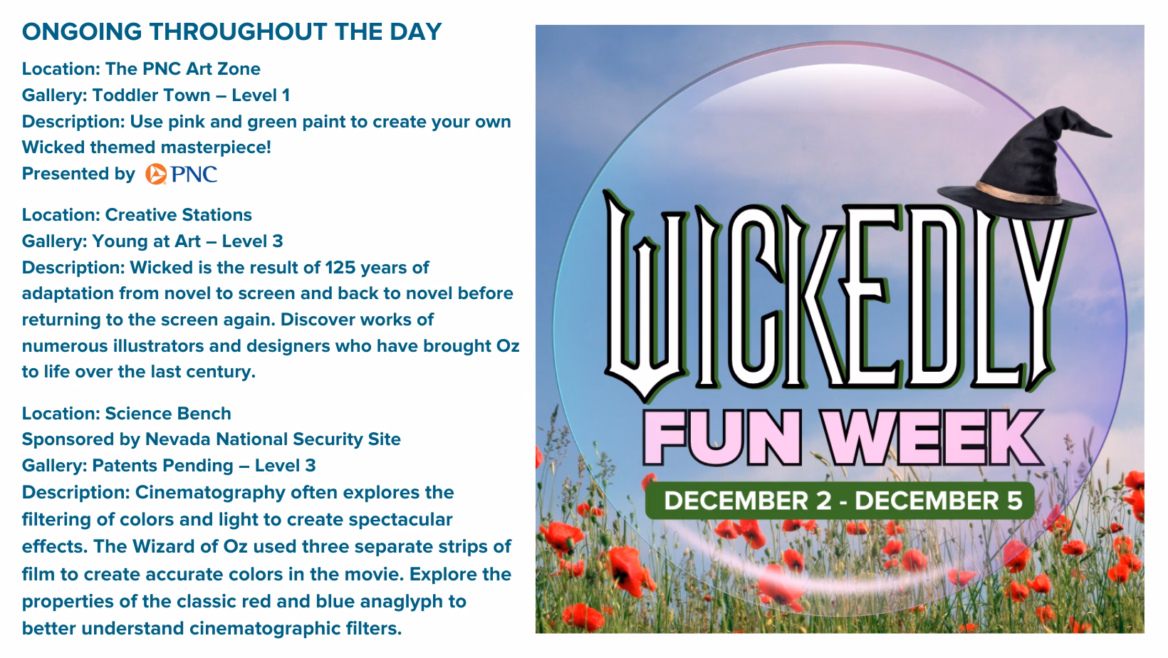 Flyer for Wickedly Fun Week, December 2–5, featuring a large “Wickedly Fun Week” title inside a shimmering bubble above a poppy field with a witch hat. Includes activity descriptions for art, science, and creativity inspired by The Wizard of Oz