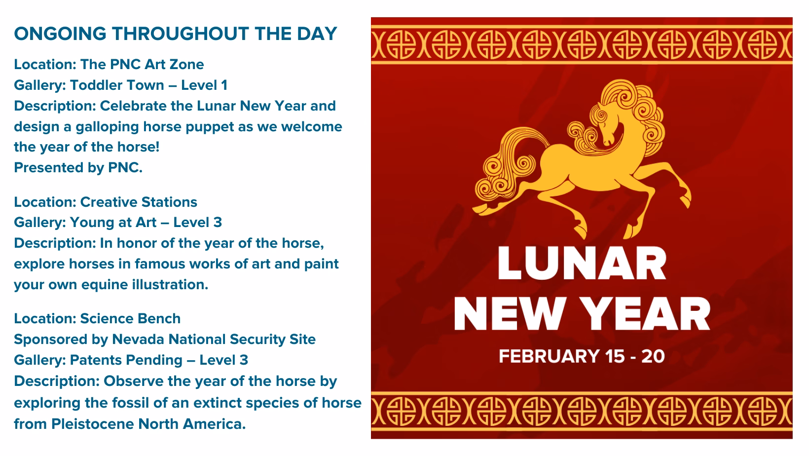 Lunar New Year event graphic for Discovery Children’s Museum, February 15–20, featuring a gold horse illustration on a red background with decorative borders.