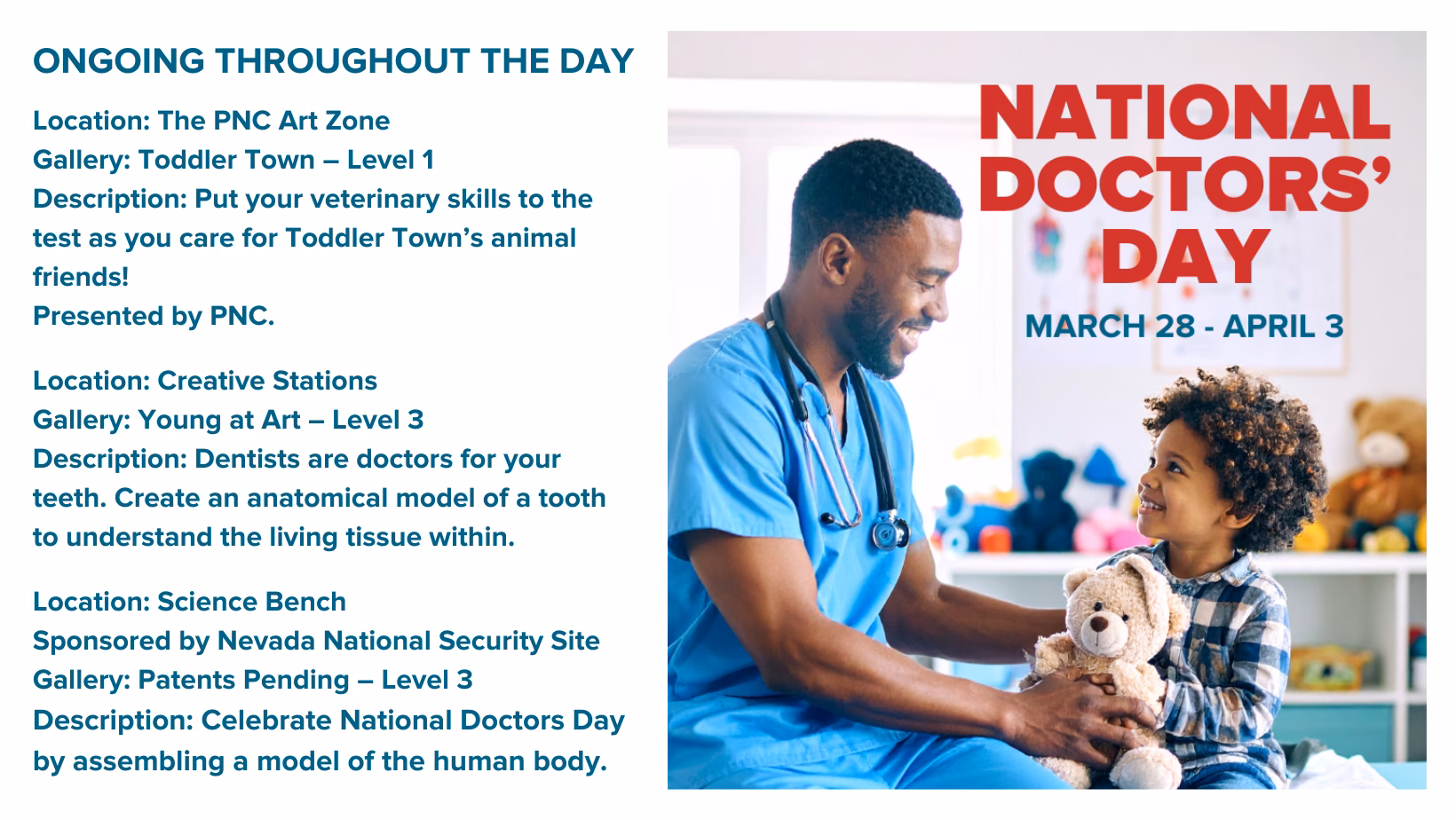 “National Doctors’ Day event graphic showing a doctor in scrubs smiling with a young child holding a teddy bear, with text ‘National Doctors’ Day, March 28–April 3.’”