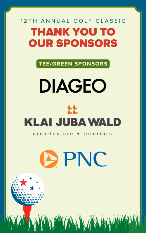 2026 Golf classic Sponsors (2) "Sponsor thank-you graphic for the 12th Annual Golf Classic, recognizing Tee/Green Sponsors Diageo, Klai Juba Wald Architecture + Interiors, and PNC."