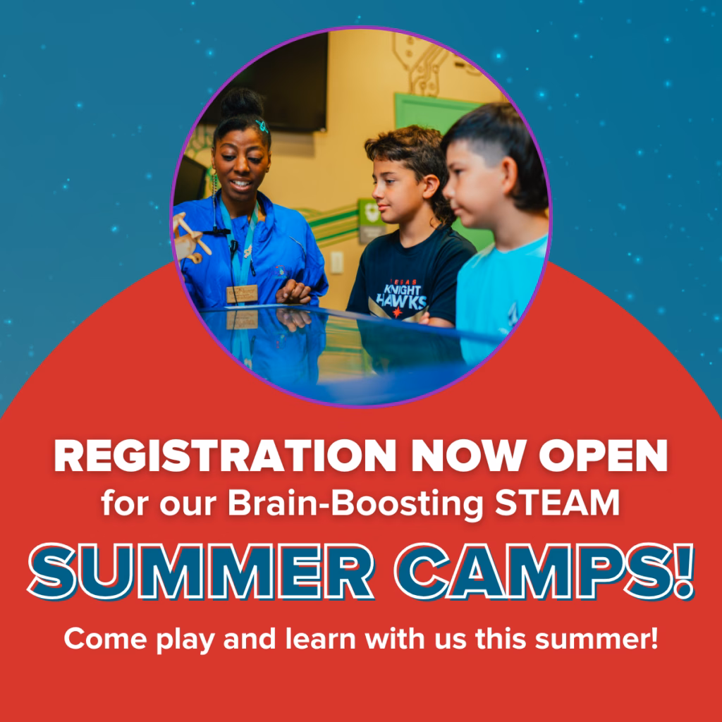 Summer Camps 2026 (1) Promotional graphic announcing registration now open for brain-boosting STEAM summer camps, featuring a staff member demonstrating an activity to two children and the text ‘Come play and learn with us this summer.’”