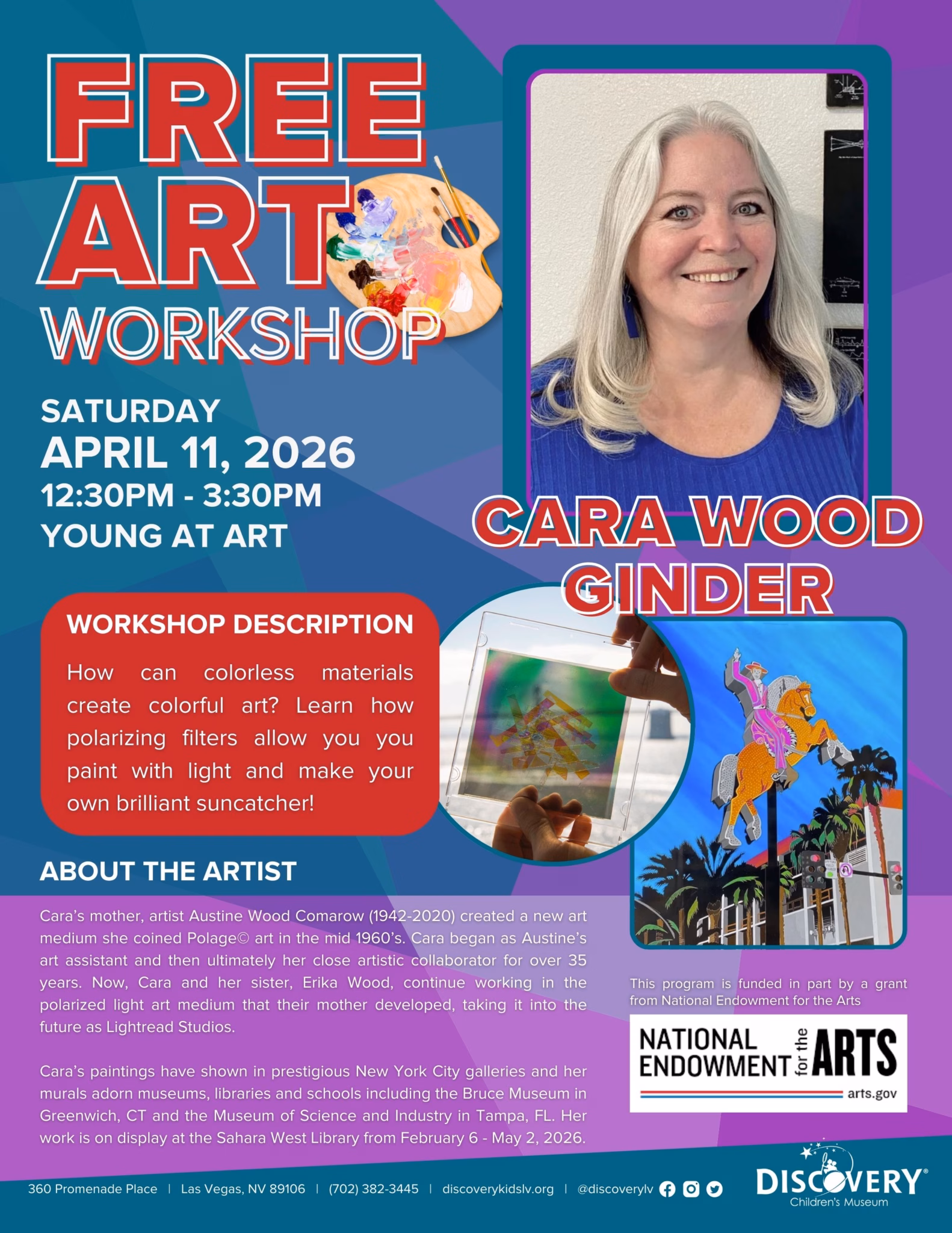 The user prompt is empty, so I cannot provide a summary in the user's language. However, based on the thinking block alone, here is a summary: Adapted existing template with modified scheduling details "Flyer for a Free Art Workshop at Discovery Children's Museum on Saturday, April 11, 2026, from 12:30–3:30pm in Young at Art, featuring instructor Cara Wood Ginder teaching polarized light suncatcher art, funded in part by the National Endowment for the Arts."