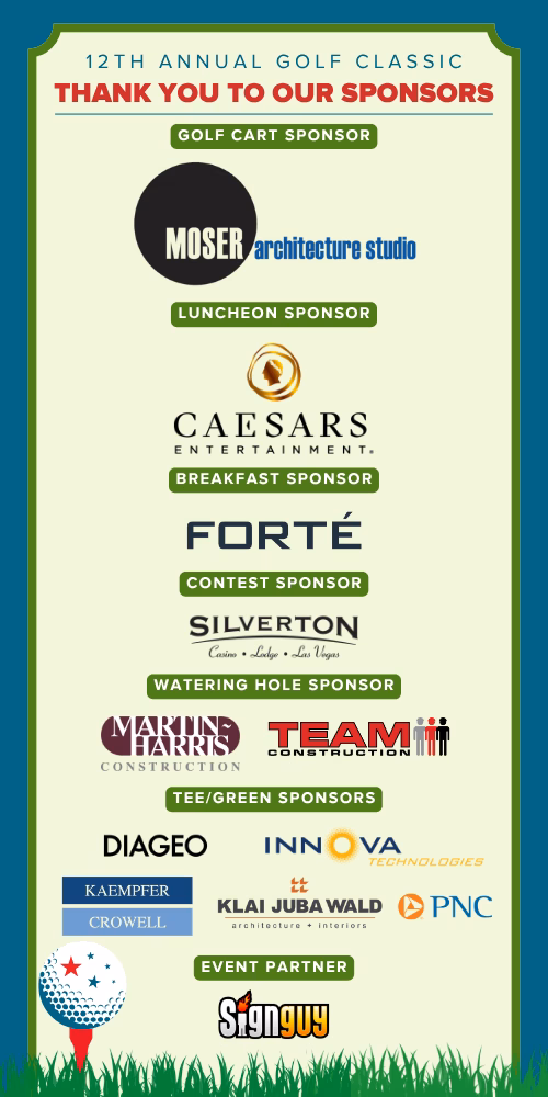 "Sponsor thank-you graphic for the 12th Annual Golf Classic, recognizing Golf Cart Sponsor Moser Architecture Studio; Luncheon Sponsor Caesars Entertainment; Breakfast Sponsor Forté; Contest Sponsor Silverton Casino Lodge Las Vegas; Watering Hole Sponsors Martin Harris Construction and Team Construction; Tee/Green Sponsors Diageo, Innova Technologies, Kaempfer Crowell, Klai Juba Wald Architecture + Interiors, and PNC; and Event Partner Signguy."