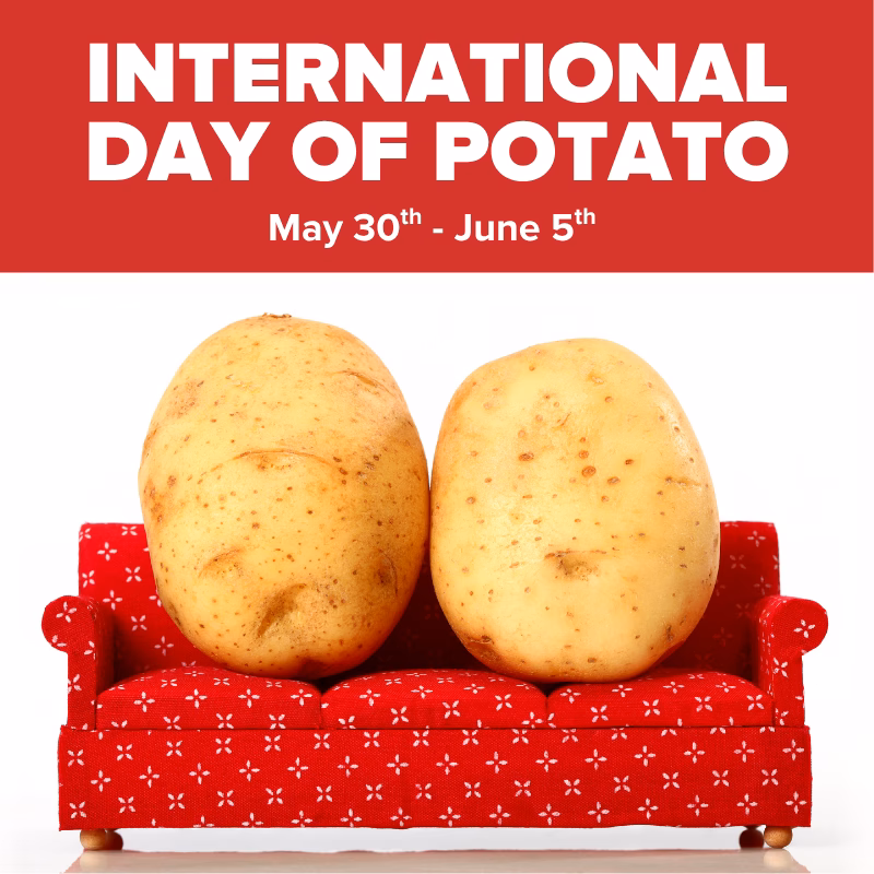 "Promotional graphic for International Day of Potato at Discovery Children's Museum, May 30th–June 5th, featuring two potatoes sitting on a miniature red couch."