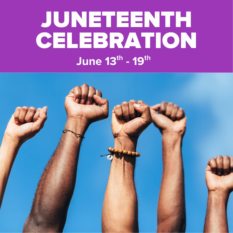 "Promotional graphic for Juneteenth Celebration at Discovery Children's Museum, June 13th–19th, featuring raised fists against a blue sky."