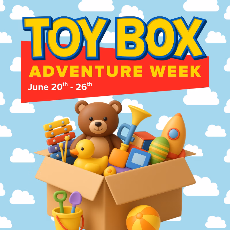 "Promotional graphic for Discovery Children's Museum's Toy Box Adventure Week, June 20th–26th, featuring a cardboard box overflowing with colorful toys including a teddy bear, rubber duck, xylophone, and rocket."