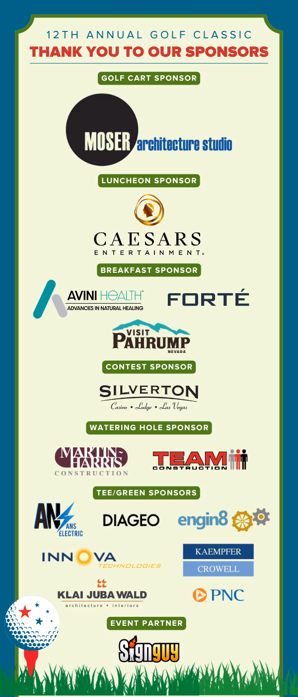 "Sponsor thank-you graphic for the 12th Annual Golf Classic, recognizing Golf Cart Sponsor Moser Architecture Studio; Luncheon Sponsor Caesars Entertainment; Breakfast Sponsors Avini Health, Forté, and Visit Pahrump Nevada; Contest Sponsor Silverton Casino Lodge Las Vegas; Watering Hole Sponsors Martin Harris Construction and Team Construction; Tee/Green Sponsors ANS Electric, Diageo, Engin8, Innova Technologies, Kaempfer Crowell, Klai Juba Wald Architecture + Interiors, and PNC; and Event Partner Signguy."