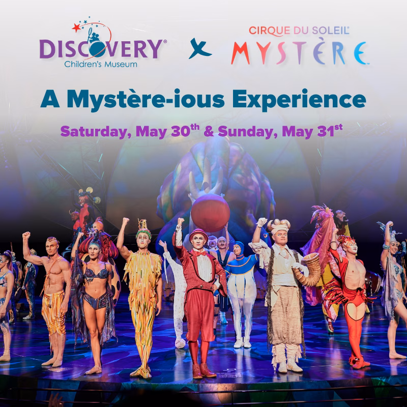 "Promotional graphic for A Mystère-ious Experience, a Discovery Children's Museum collaboration with Cirque du Soleil's Mystère on Saturday, May 30th and Sunday, May 31st, featuring performers in elaborate costumes on stage."