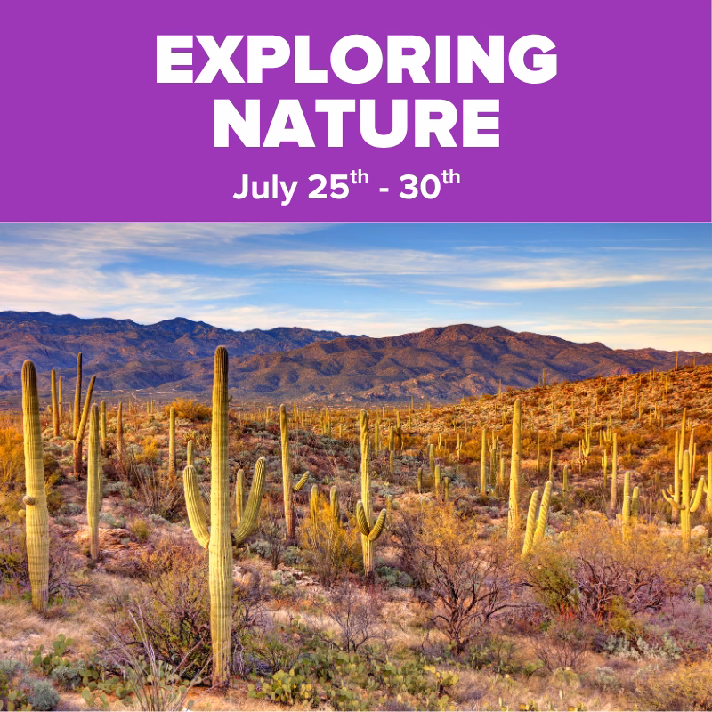 Promotional graphic for Exploring Nature at DISCOVERY Children's Museum, July 25–30, featuring a desert landscape with saguaro cacti and mountain backdrop.