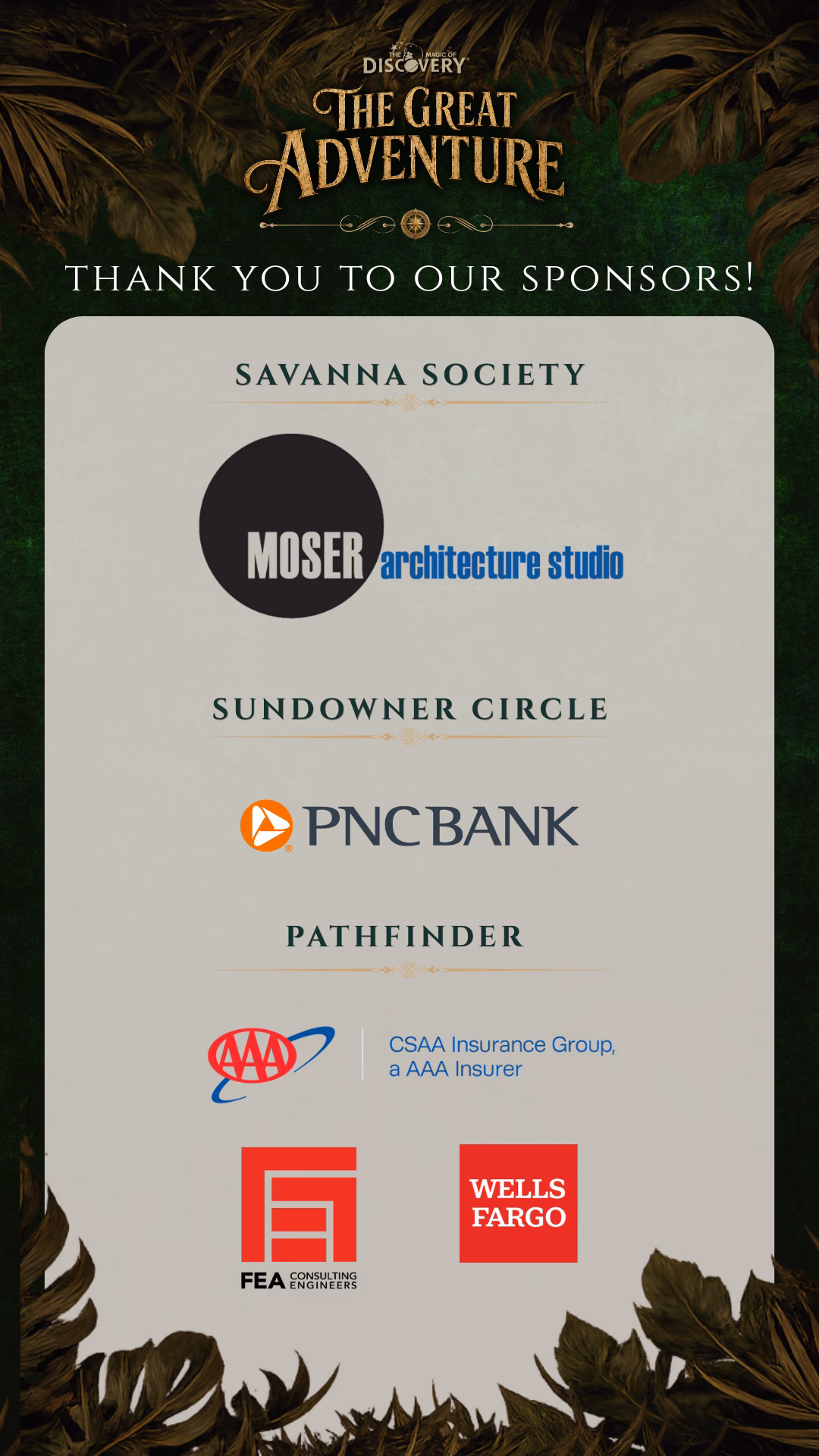 MOD 2026 - THANK YOU SPONSORS (1) Sponsor thank-you graphic for The Magic of DISCOVERY Gala "The Great Adventure," recognizing Savanna Society sponsor Moser Architecture Studio, Sundowner Circle sponsor PNC Bank, and Pathfinder sponsors CSAA Insurance Group, FEA Consulting Engineers, and Wells Fargo.