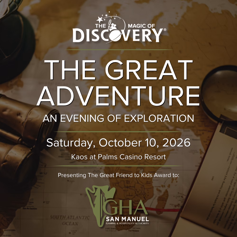 Promotional graphic for The Magic of DISCOVERY Gala, "The Great Adventure: An Evening of Exploration," on Saturday, October 10, 2026, at KAOS Nightclub at Palms Casino Resort, presenting the Great Friend to Kids Award to San Manuel Gaming &amp; Hospitality Authority.