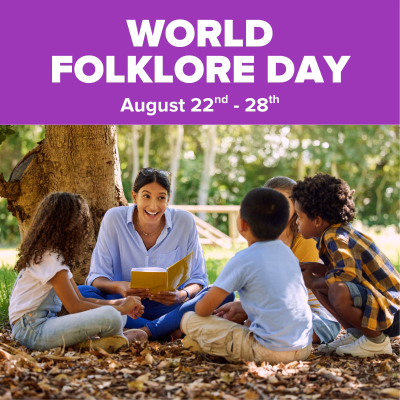 Promotional graphic for World Folklore Day at DISCOVERY Children's Museum, August 22–28, featuring an adult reading to a group of children seated outdoors under a tree.