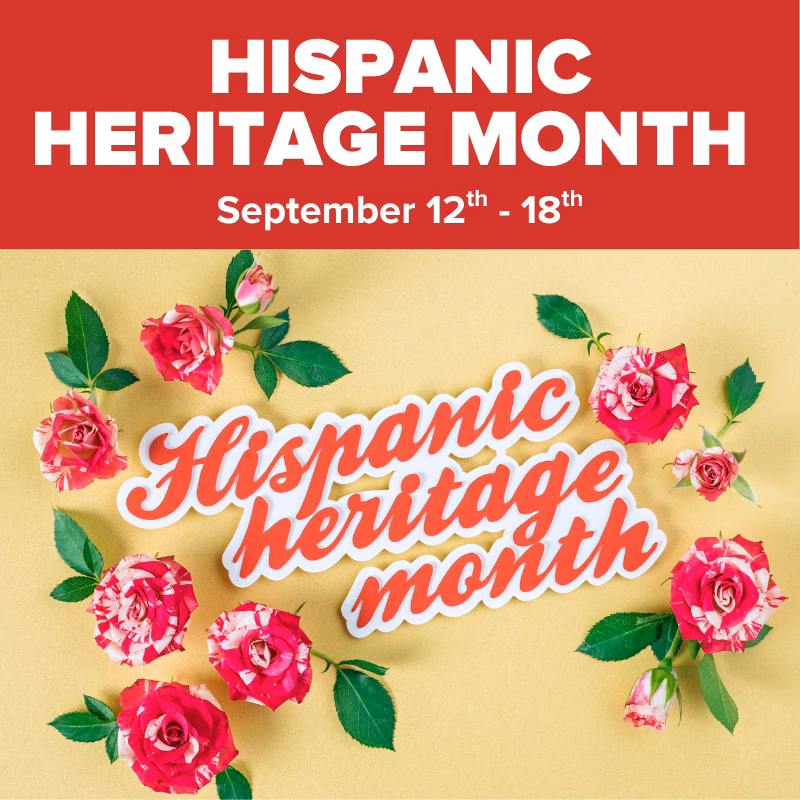 Promotional graphic for Hispanic Heritage Month at DISCOVERY Children's Museum, September 12–18, featuring a colorful arrangement of pink roses on a yellow background.