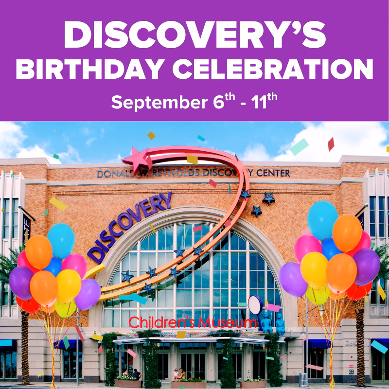 Promotional graphic for DISCOVERY's Birthday Celebration, September 6–11, featuring the exterior of DISCOVERY Children's Museum decorated with colorful balloons and confetti.